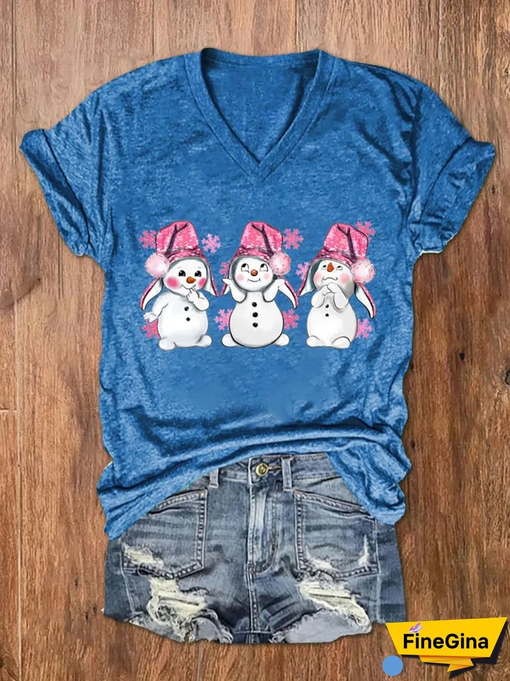 Women's Pink Christmas Snowman Print V-Neck T-Shirt