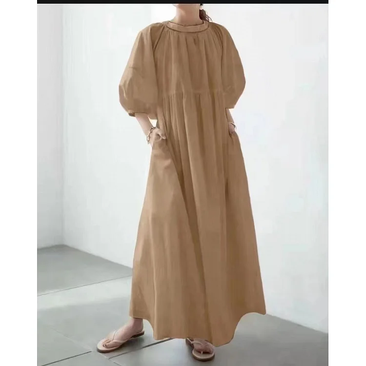 Loose Solid Color Lantern Sleeve Maxi Dress