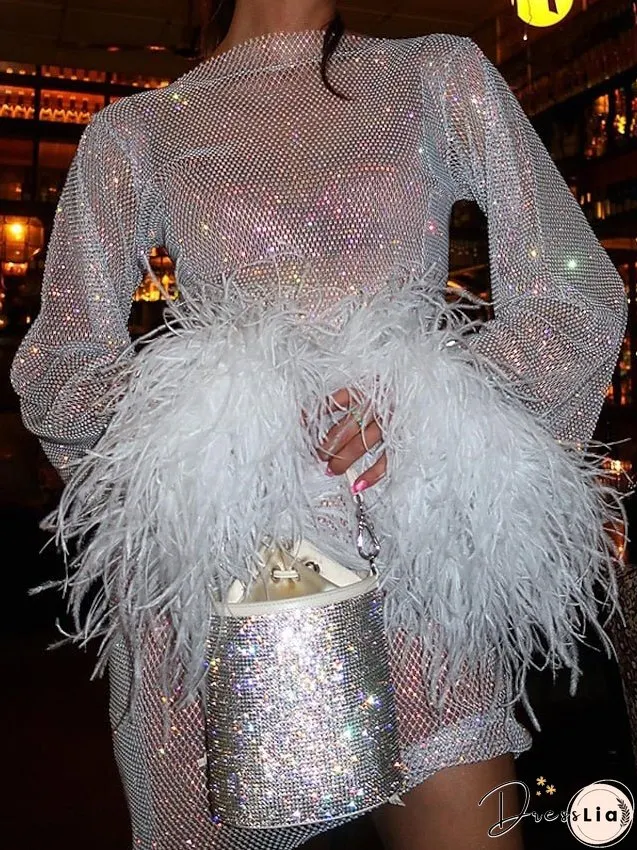 Party Dress Sequin Mini Pink White Black Long Sleeve Pure Color Sequins Mesh Feather