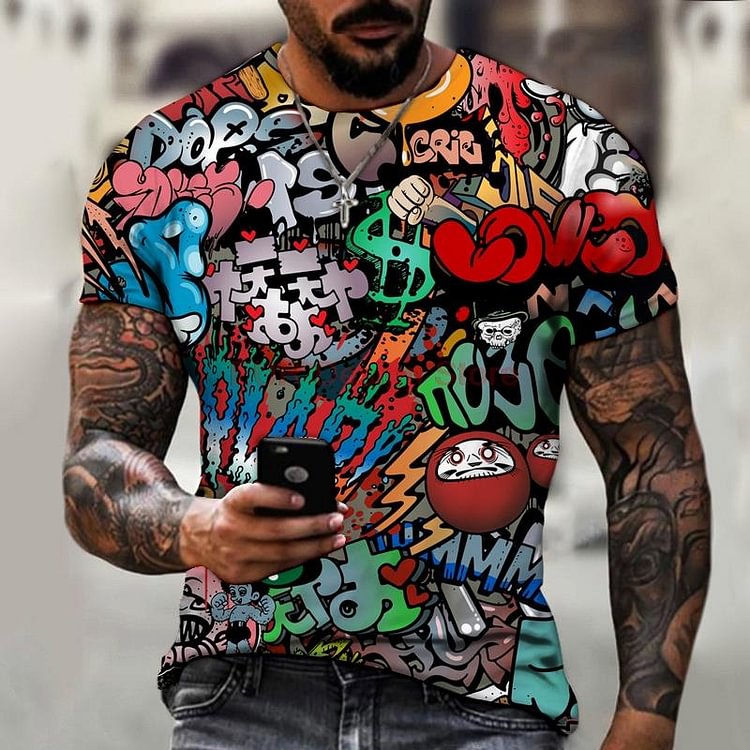 Graffiti Art Printing Summer O-neck Men's Short Sleeve T-shirts