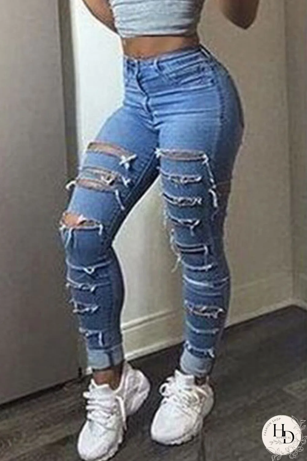 Dark Blue Fashion Casual Solid Ripped High Waist Jeans