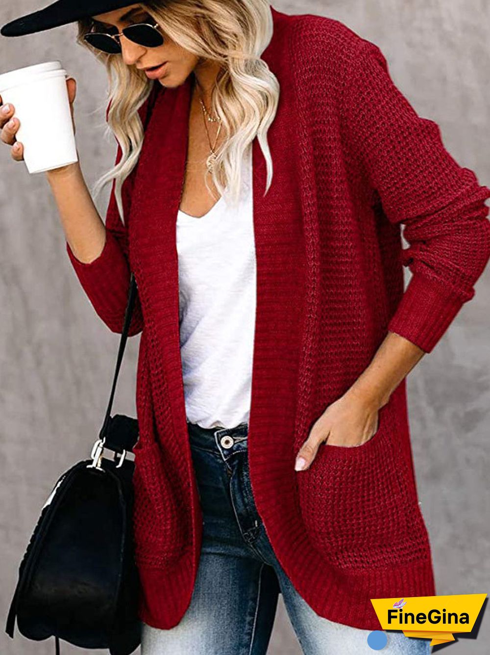 Women's Waffle Solid Color Stitching V-neck Long Sleeve Coat