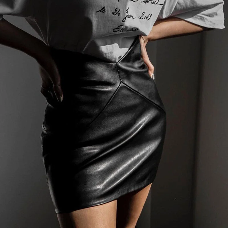 InstaHot Women Leather Skirt High Waist Solid Elegant Vintage Casual Slim Asymmetric Waist Mini Skirt 2020 Fashion Streetwear