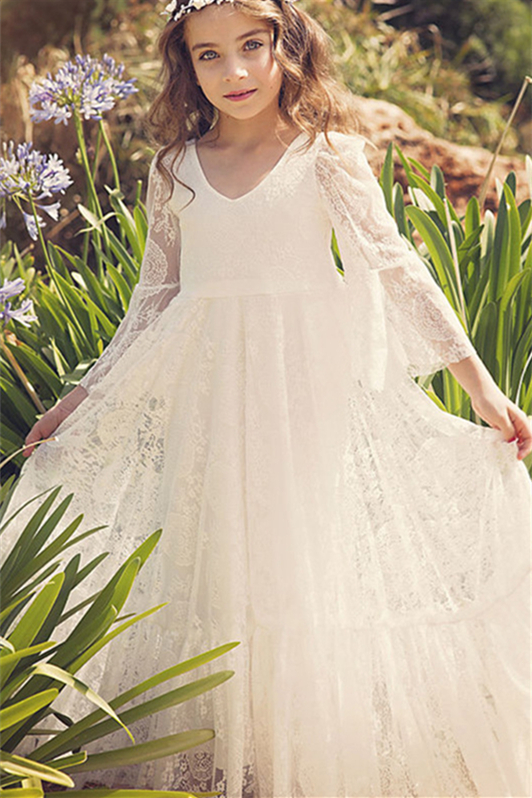 Lovely Long Sleeves Lace Little Girl Dress Princess V-Neck On Sale - lulusllly