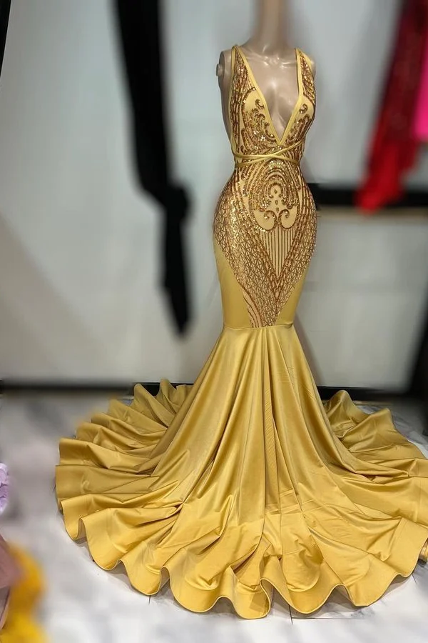 Dark Gold Prom Dress Mermaid Sleeveless With Appliques Long Mermaid YL0071