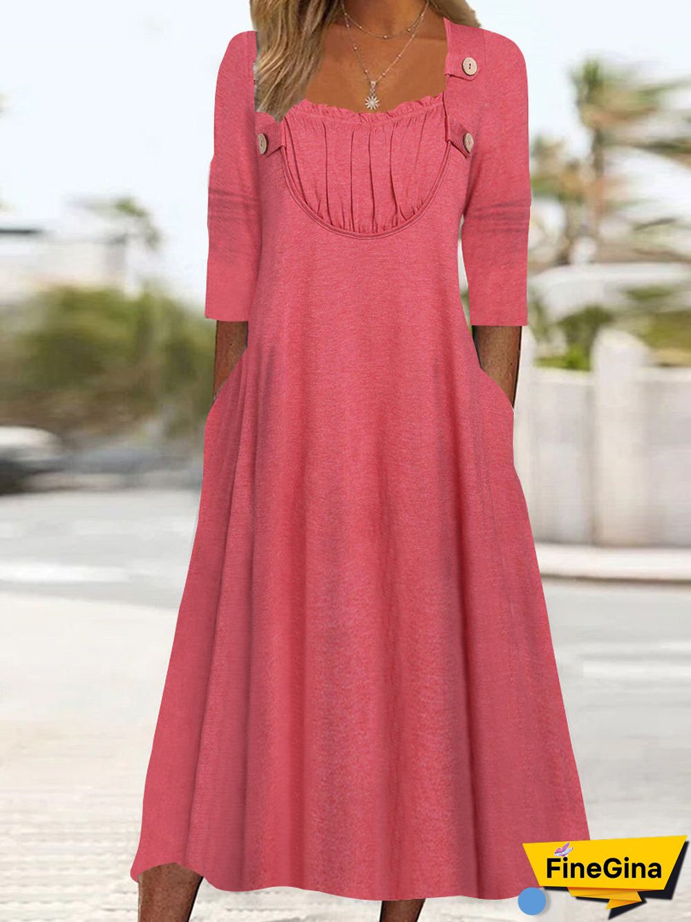 Women's Long Sleeve Square Collar Solid Color Midi Dress