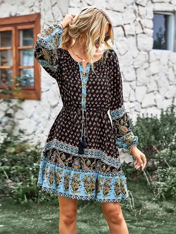 Bohemia A-Line Floral Printed V-Neck Dress