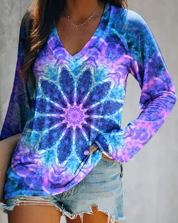 🔥kukelife🔥Blue Mandala Print Loose Long Sleeve T-shirt