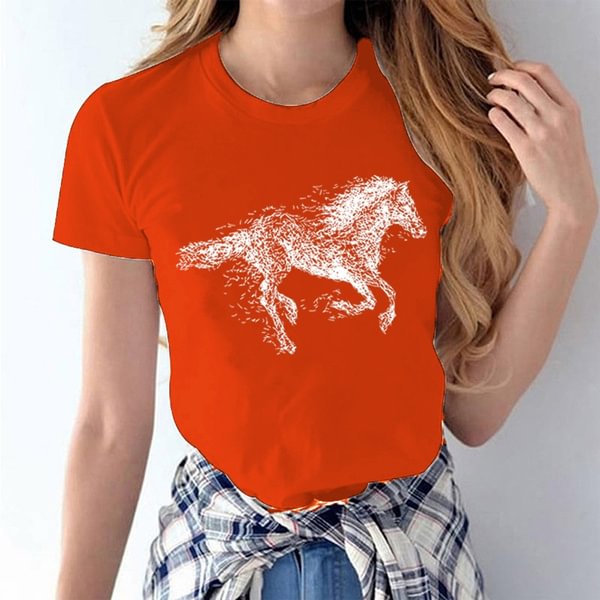 Women's and Girls Horse Print Graphic Tees Shirts Summer Tops Crew Neck Blouse Womens Short Sleeved Shirts Solid Color Tshirt Plus Size S-3XL - BlackFridayBuys