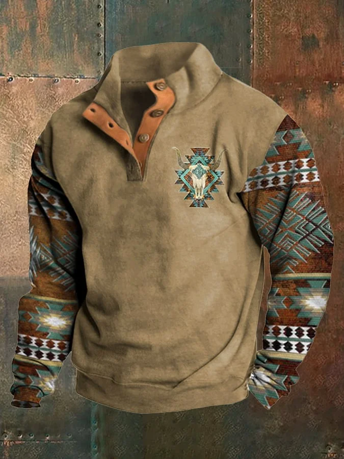 🔥BUY 3 GET 10% OFF🔥Men's Western Style Printed Stand Collar Button Sweatshirt