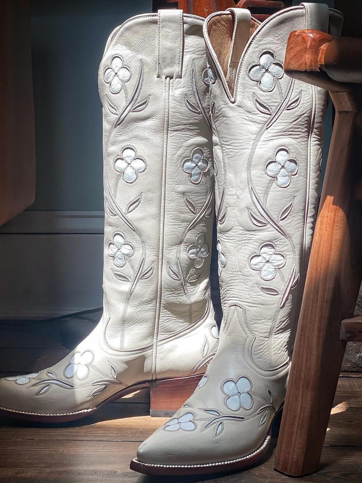 Taafo Bone Pointed-Toe White Floral Inlay Wide Mid Calf Tall Cowgirl Boots