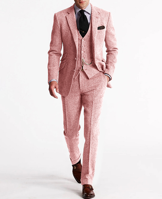 Business Herringbone Notched Lapel Blazer & Vest & Pants 3Pcs Set - Pink-XXS