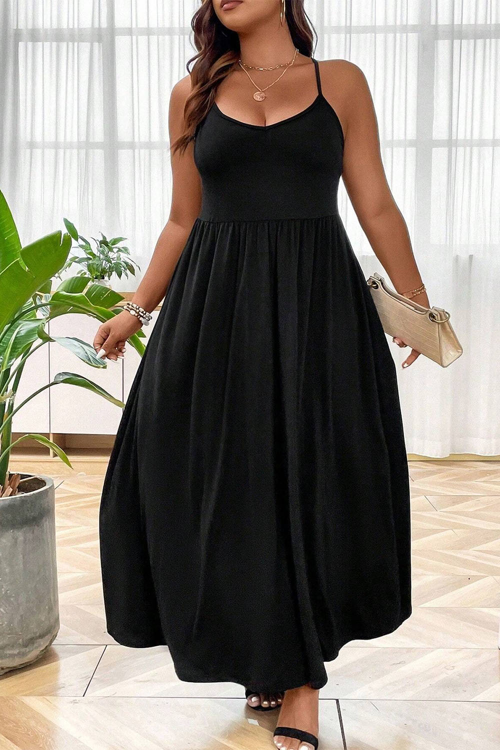 Plus Size Everyday Green Solid Sleeveless Spaghetti Strap Maxi Dress 2024 - Flycurvy 