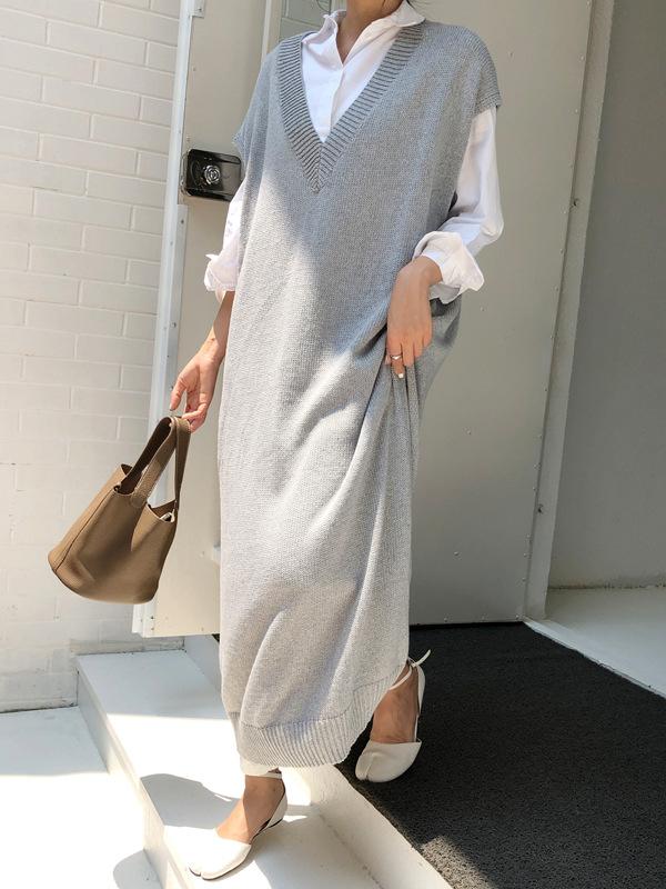 Rotimia Knitting Loose V-Neck Sleeveless Long Dress