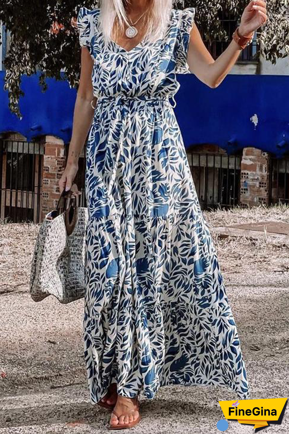 Casual Print Flounce V Neck Cake Skirt Dresses