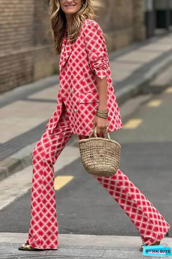 Casual Geometric Print Long Sleeve Pocket Blazer