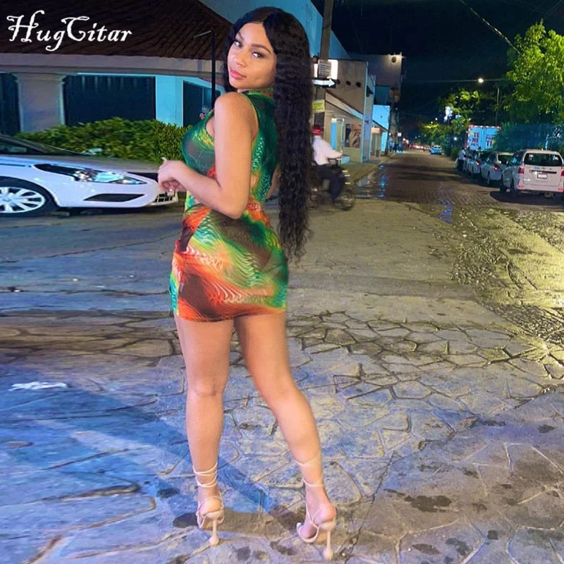 Hugcitar 2021 Sleeveless Asymmetric Bandage Bandage See-Through Sexy Dress Summer Women Fashion Streetwear Club Outfits