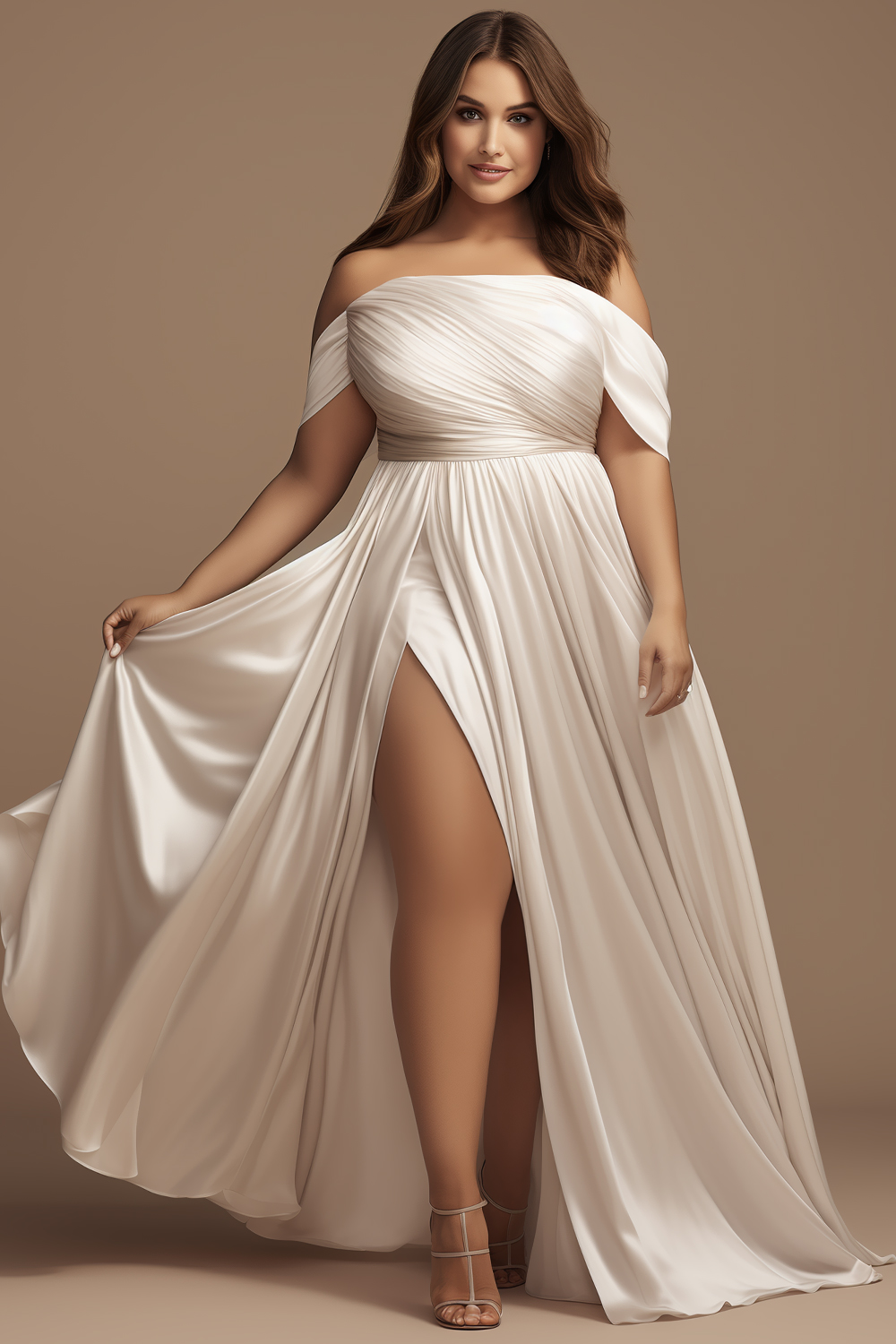 Flycurvy Plus Size Wedding Guest Beige Satin Off The Shoulder Split Maxi Dress