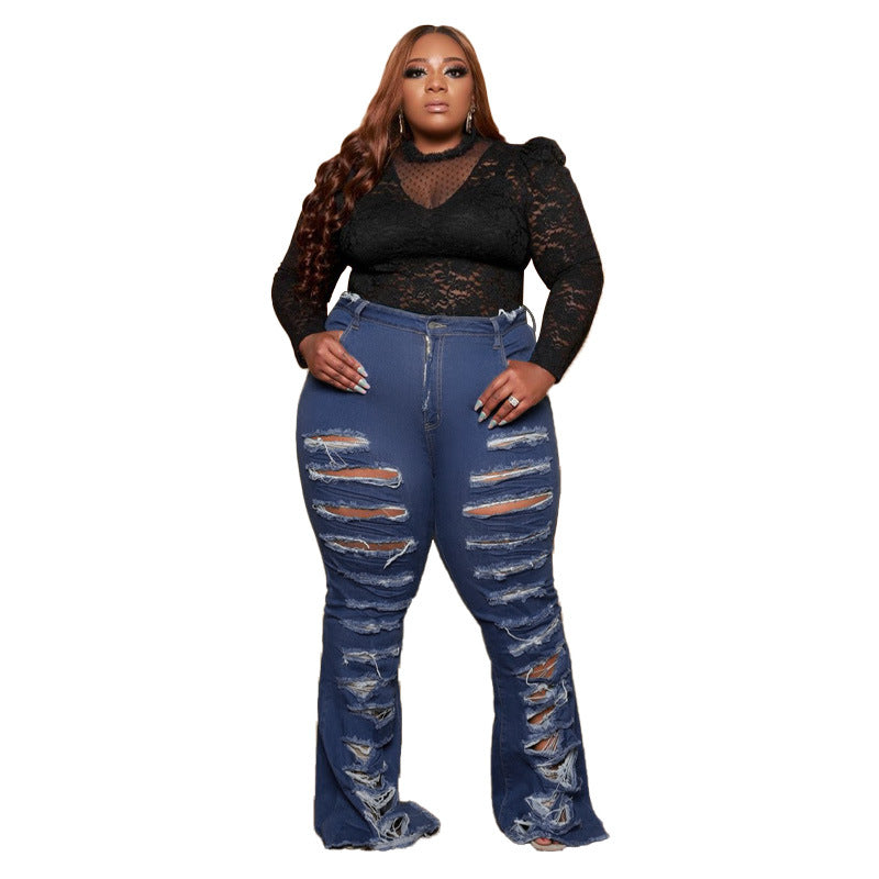 Plus Size Washing Trendy  Women Ripped Jeans