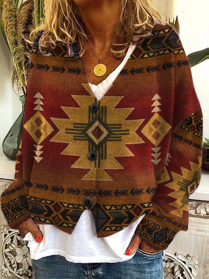 Women's Retro Western Print Plush Cardigan
