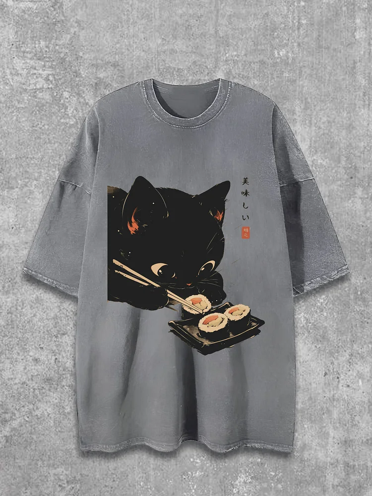 Men's Japanese Sushi Black Cat Print Cotton Washed T-Shirt