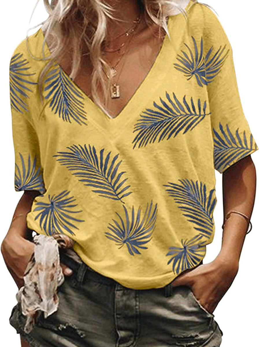 V-neck Loose Short Sleeve Leaf Print T-shirt