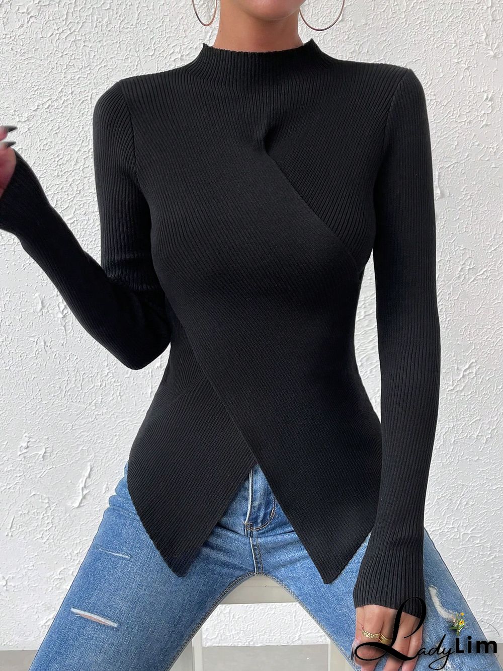 Mock Neck Wrap Cross Ribbed Knit Sweater