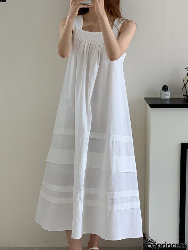 Loose Sleeveless Solid Color Square-Neck Midi Dresses