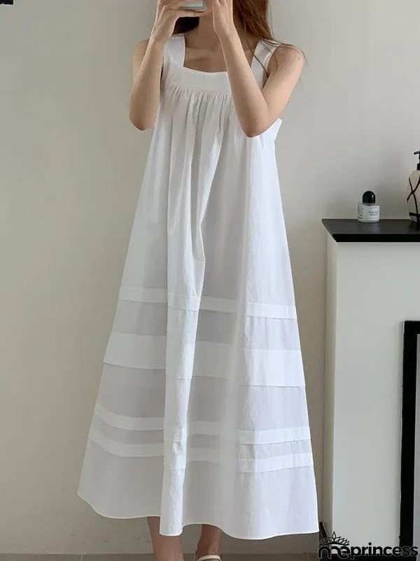 Loose Sleeveless Solid Color Square-Neck Midi Dresses