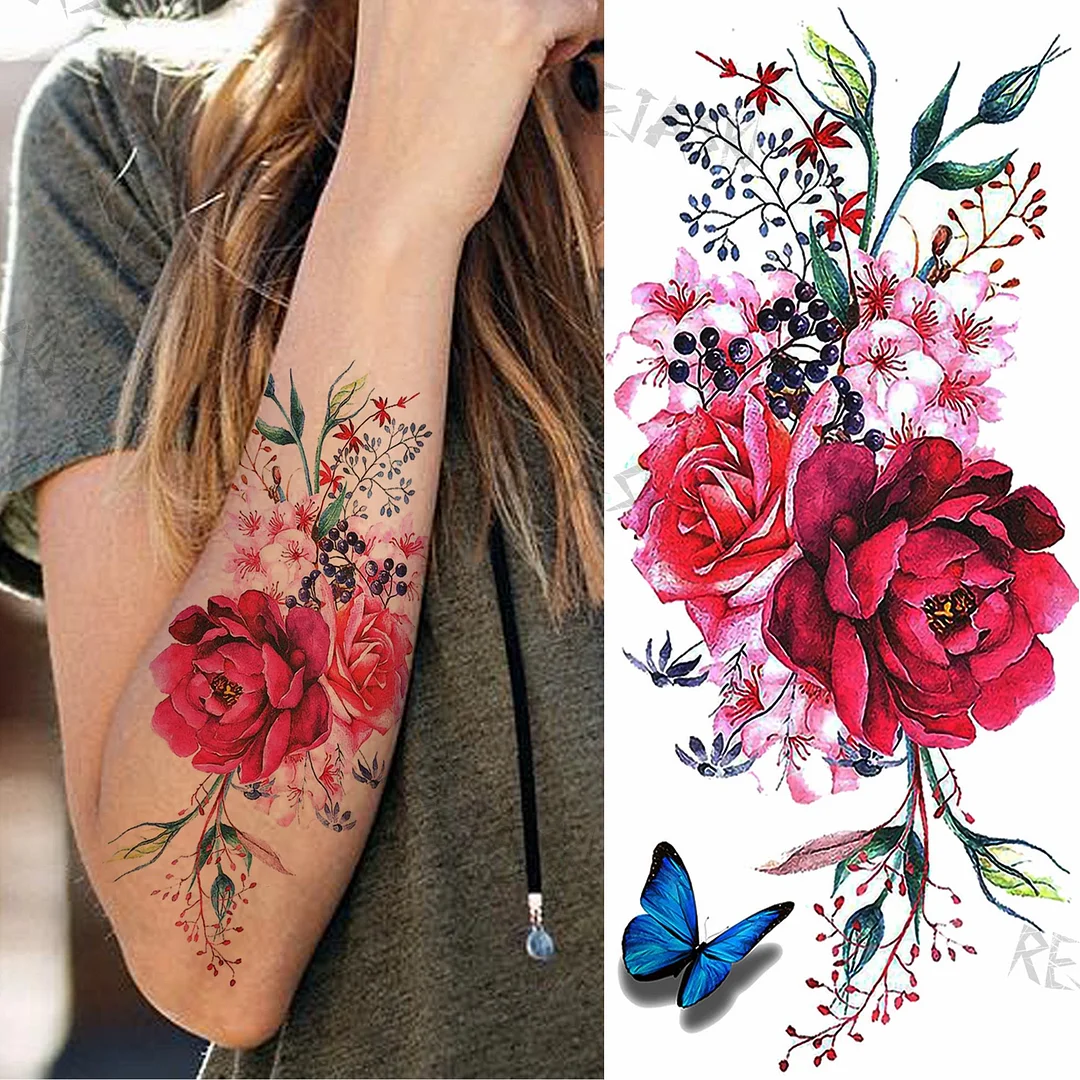 Purple Rose Jewelry Water Transfer Tattoo Stickers Women Body Chest Art Temporary Tattoo Girl Waist Bracelet Flash Tatoos Flower