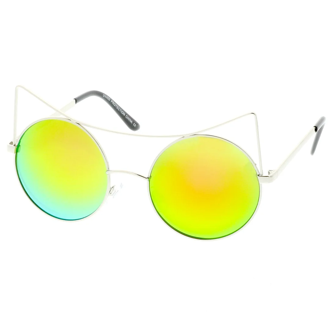 Women's Oversize Open Metal Cat Eye glasses With Colored Mirror Flat Lens 54mm