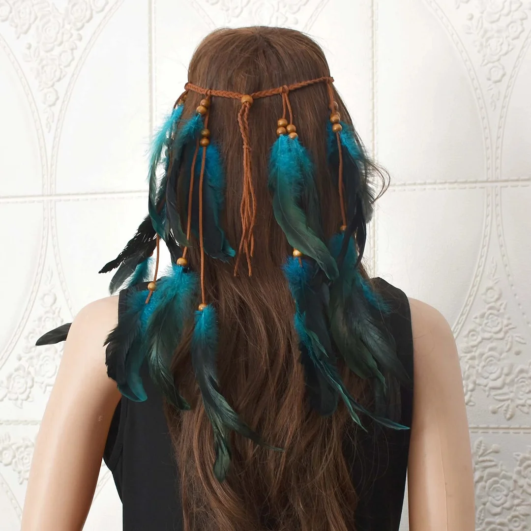 Ethnic Braided Rope Wooden Bead Feather Headband