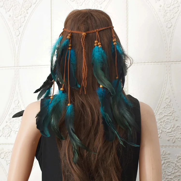 Wearshes Ethnic Braided Rope Wooden Bead Feather Headband