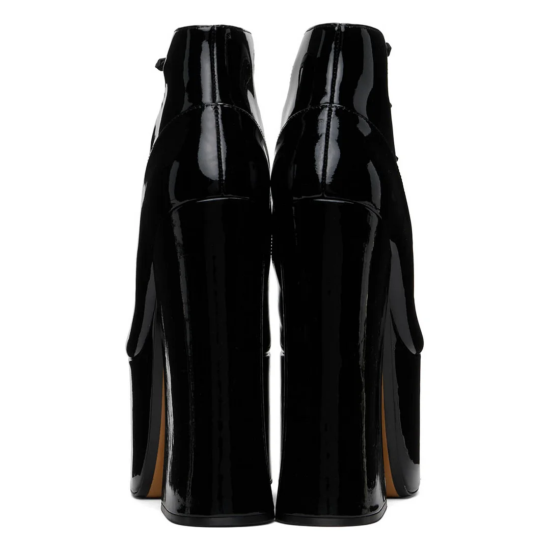 Patent Leather Buckle Strap Round Toe Black Platform Heels