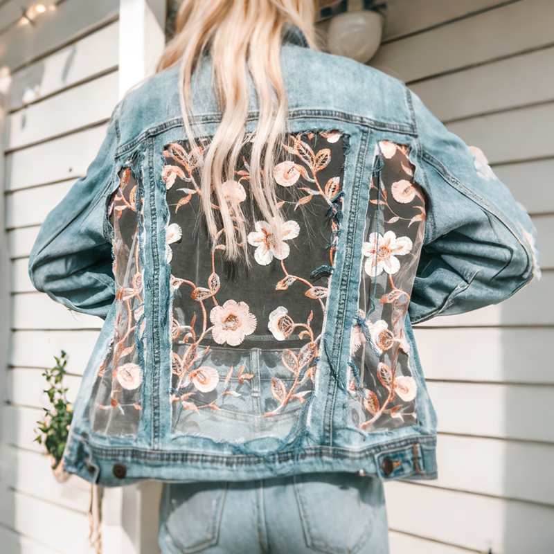 Floral Embroidered Denim Jacket With Sheer Back Detail