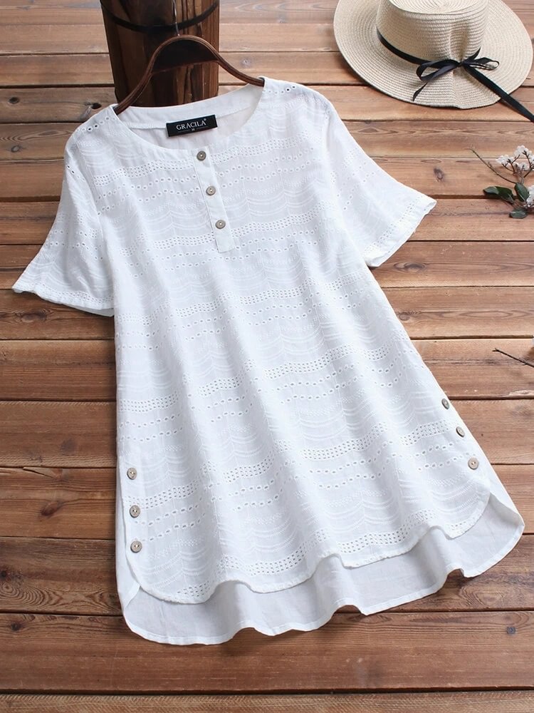 Bohemian Pullover Embroidery Casual Short Sleeve Blouse With Button Women's Tunic Tops