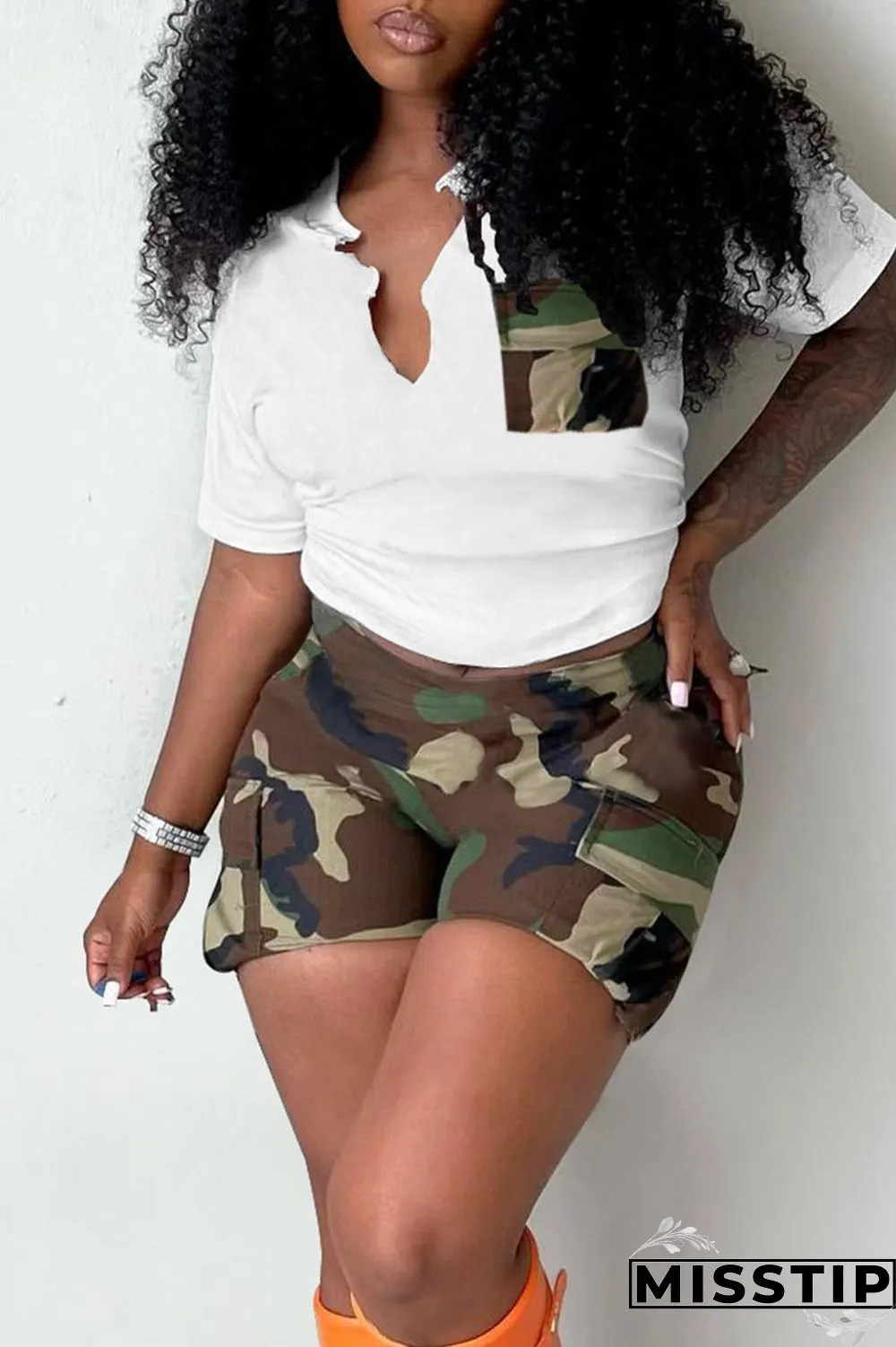 Red Casual Print Camouflage Print Patchwork V Neck Short Sleeve Two Pieces