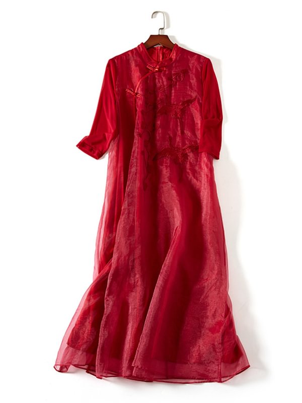 Vintage Embroidered Stand Collar Frog Long Cheongsams Dress