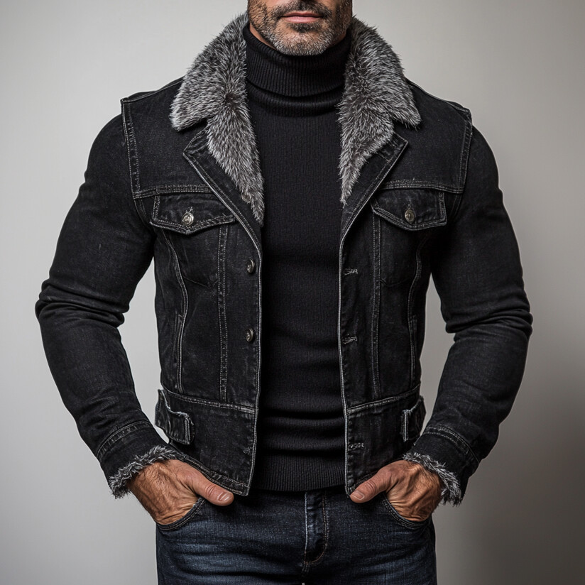 Men's Denim Plush Splicing Lapel Collar Single Breasted Jacket