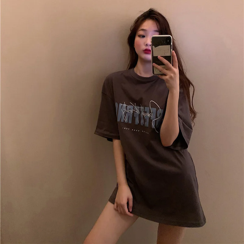 Uveng Uveng T-Shirt Women's Spring And Summer 2024 New Korean Version Hong Kong Flavor Retro Print Student Long Top Bottom Shirt