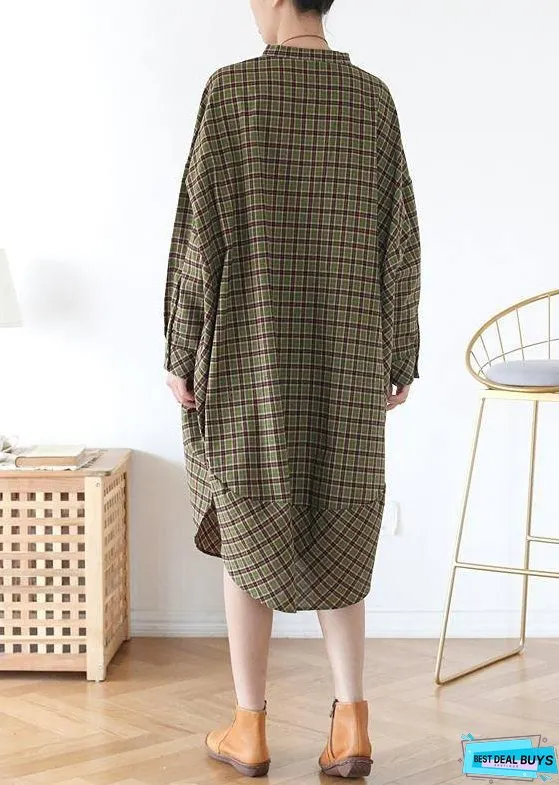 Women Green Plaid Long Shirt Mid Spring Cotton Dress