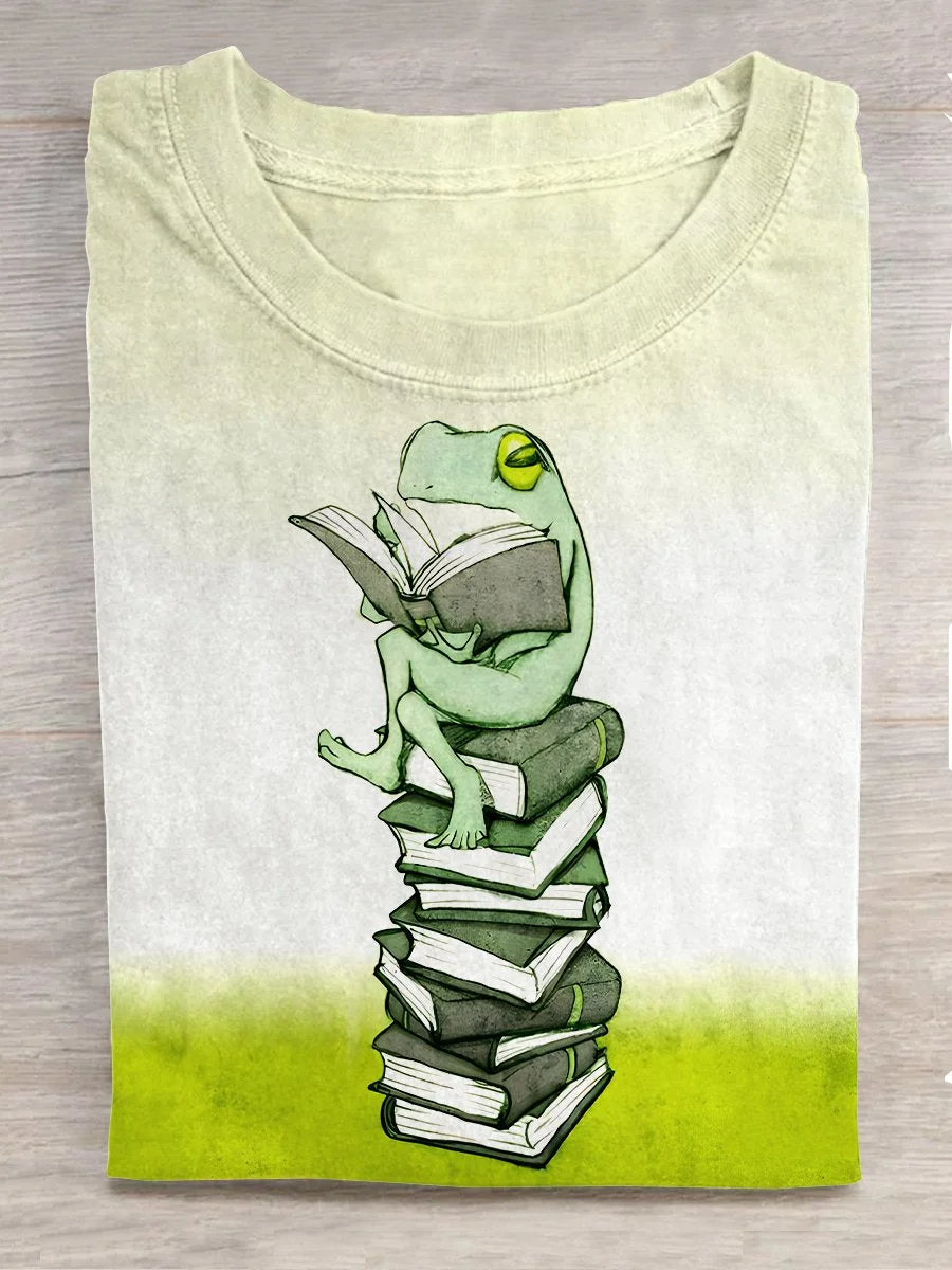 Retro Cute Frog Read Book Art Casual Print T-shirt
