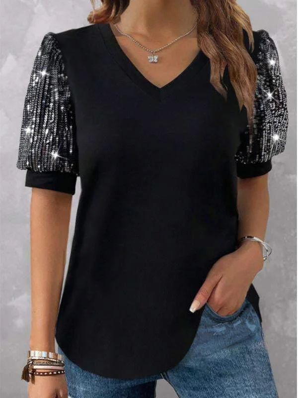 Sequin Black V Neck Short Sleeve T Shirt