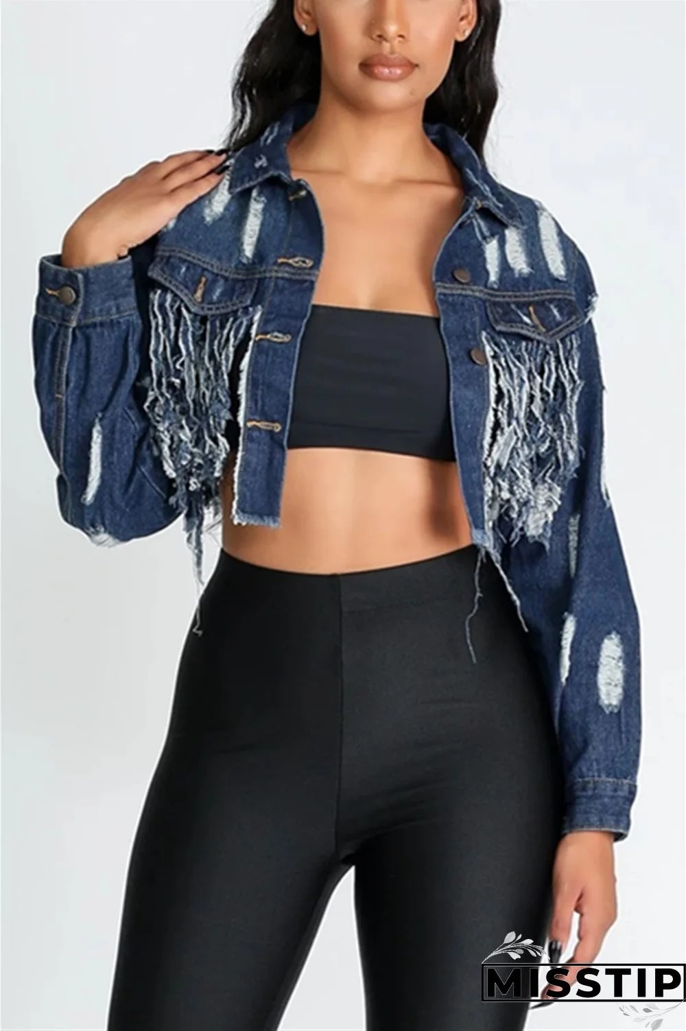 Dark Blue Fashion Hole Tassel Halter Back Navel Denim Coat