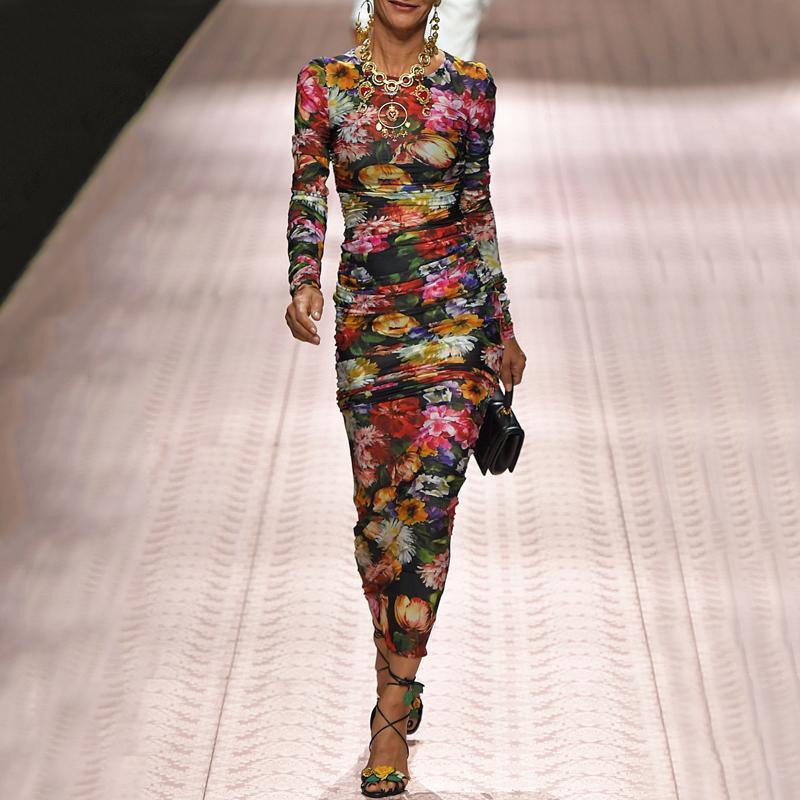 Fashion Round Collar Floral Printed Trim Hip Bodycon Dress