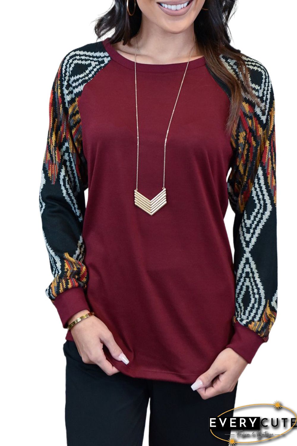 Wine Ethnic Print Raglan Top