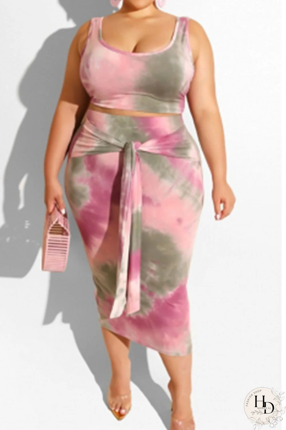 Pink Polyester Fashion Sexy Casual O Neck Tie Dye Plus Size