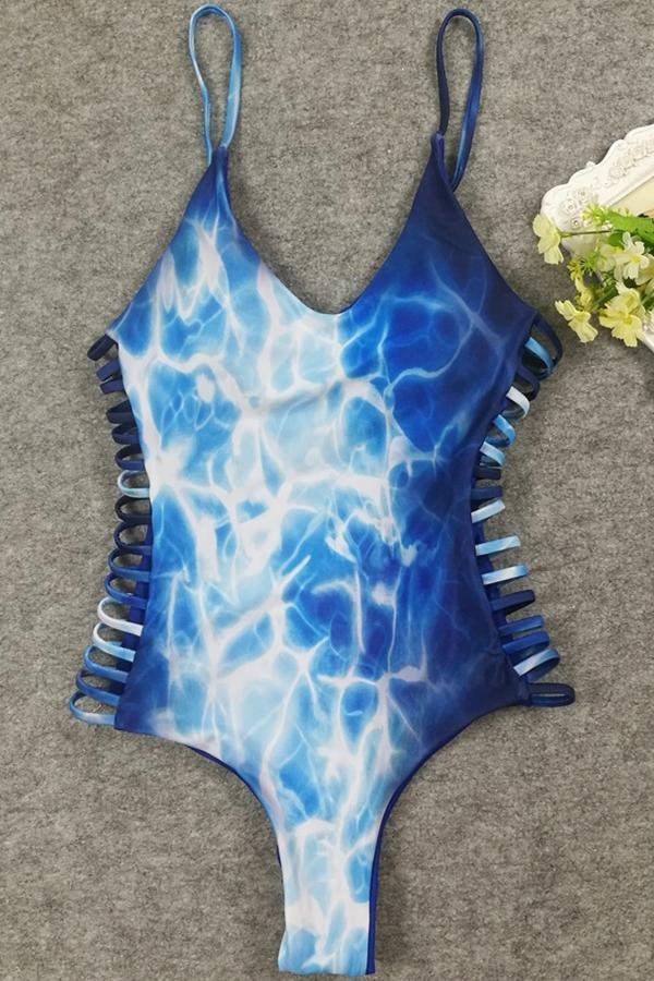 Blue Ombre Dye Tie Scoop Neck Strappy Caged Backless Sexy High Cut Cheeky One Piece Swimsuit - Shop Trendy Women's Clothing | LoverChic