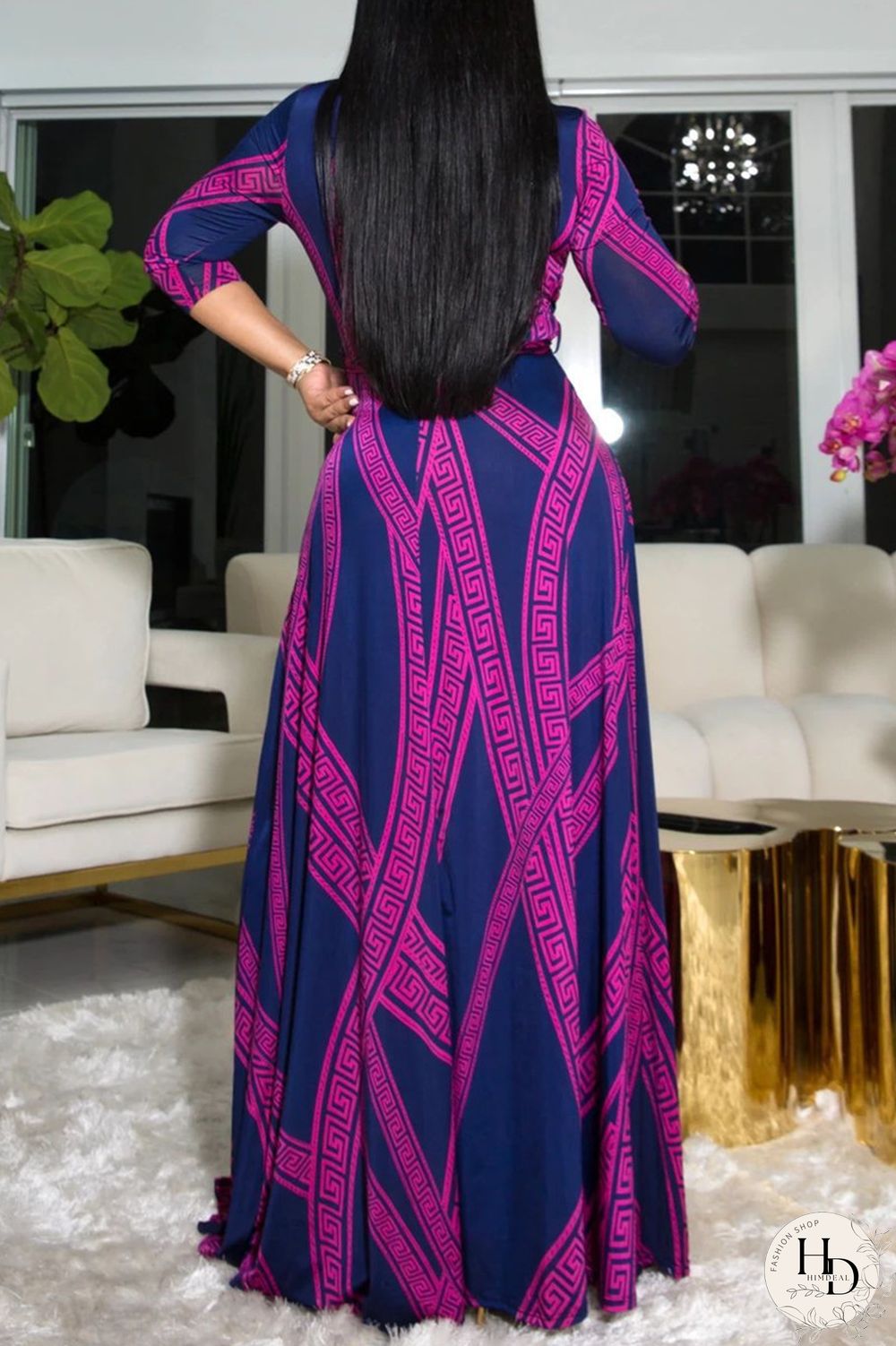 Blue Purple Fashion Casual Print Bandage V Neck Long Sleeve Dresses