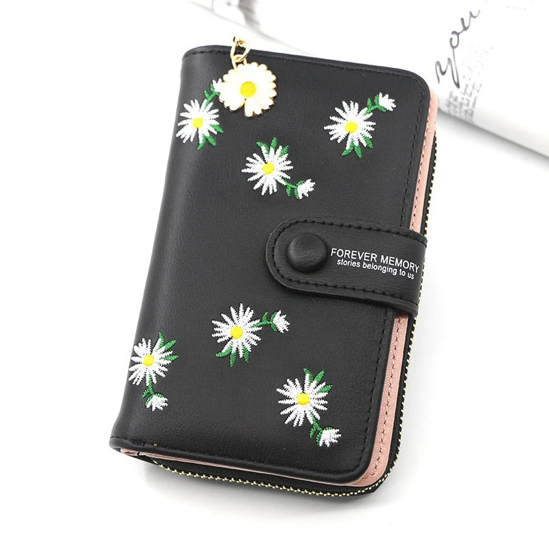 Women Long Wallets 2021 Fashion Design Embroidery Daisy Card Holder Large-Capacity PU Coin Purse Simple Zipper Money Bag Wallets